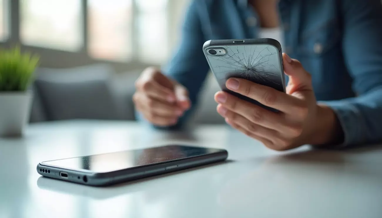 Person holding a smartphone with a cracked screen, another phone lying on a table in the background.