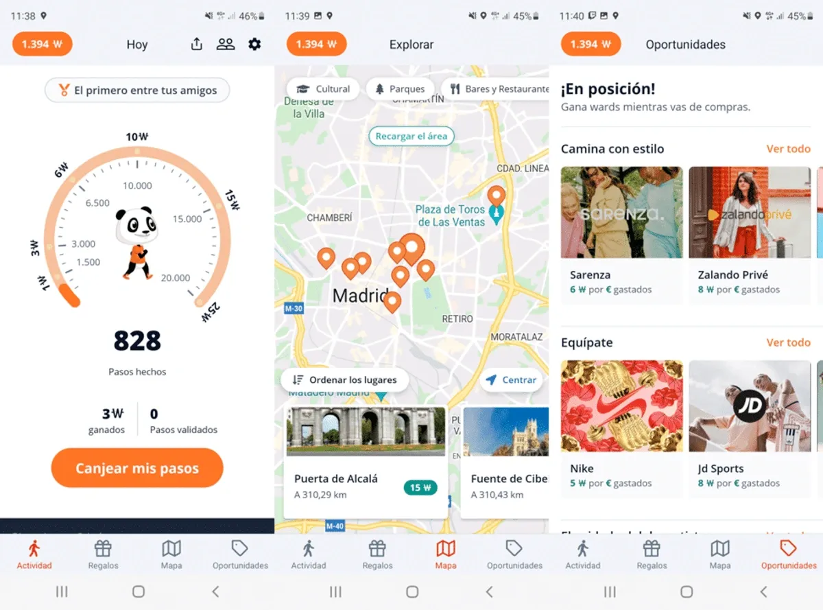 Screenshots of the WeWard app showing steps walked, a Madrid map with points of interest, and shopping reward opportunities.