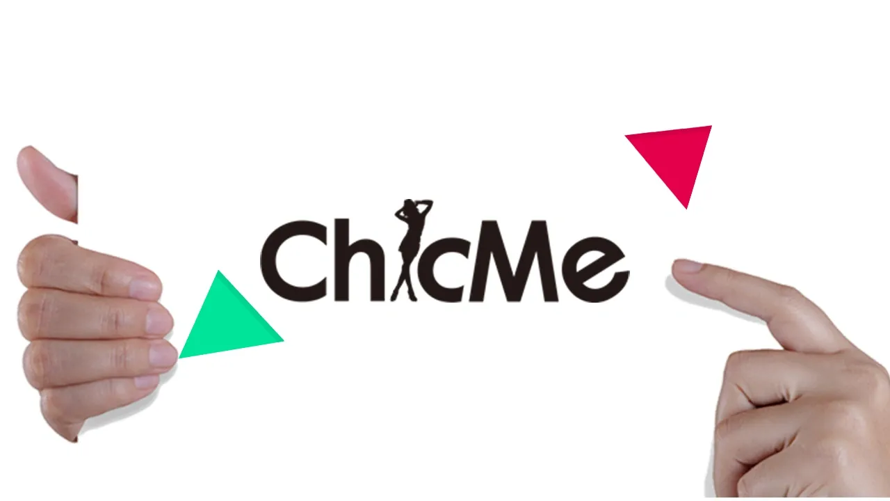 Hands holding a white card with the ChicMe logo featuring a silhouette of a woman and colorful triangles on a white background.