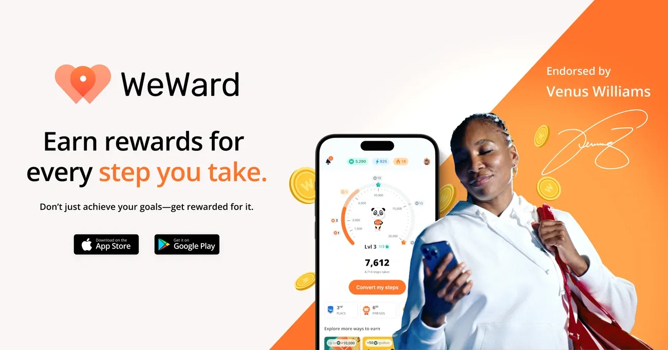 WeWard app promotes earning rewards for steps taken, endorsed by Venus Williams with app download options shown.