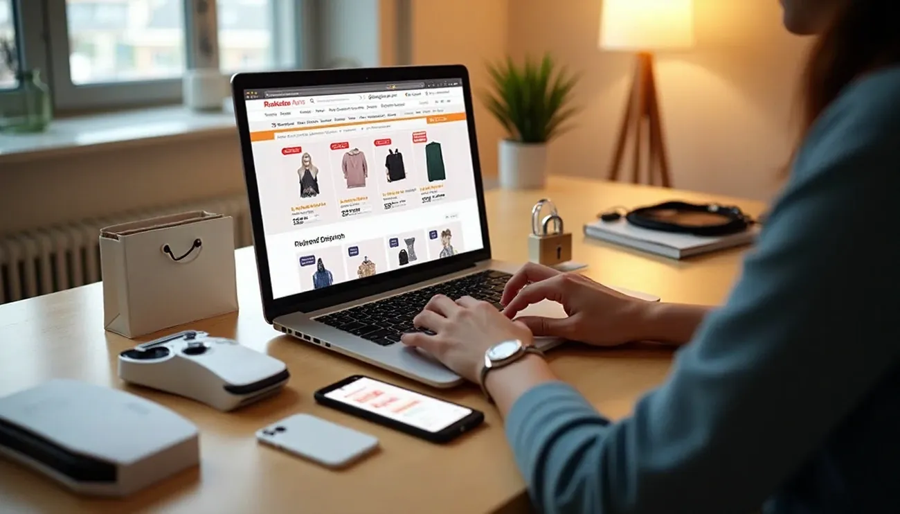 Person shopping securely online on Rakuten Avis website using a laptop at a cozy desk with a padlock nearby.