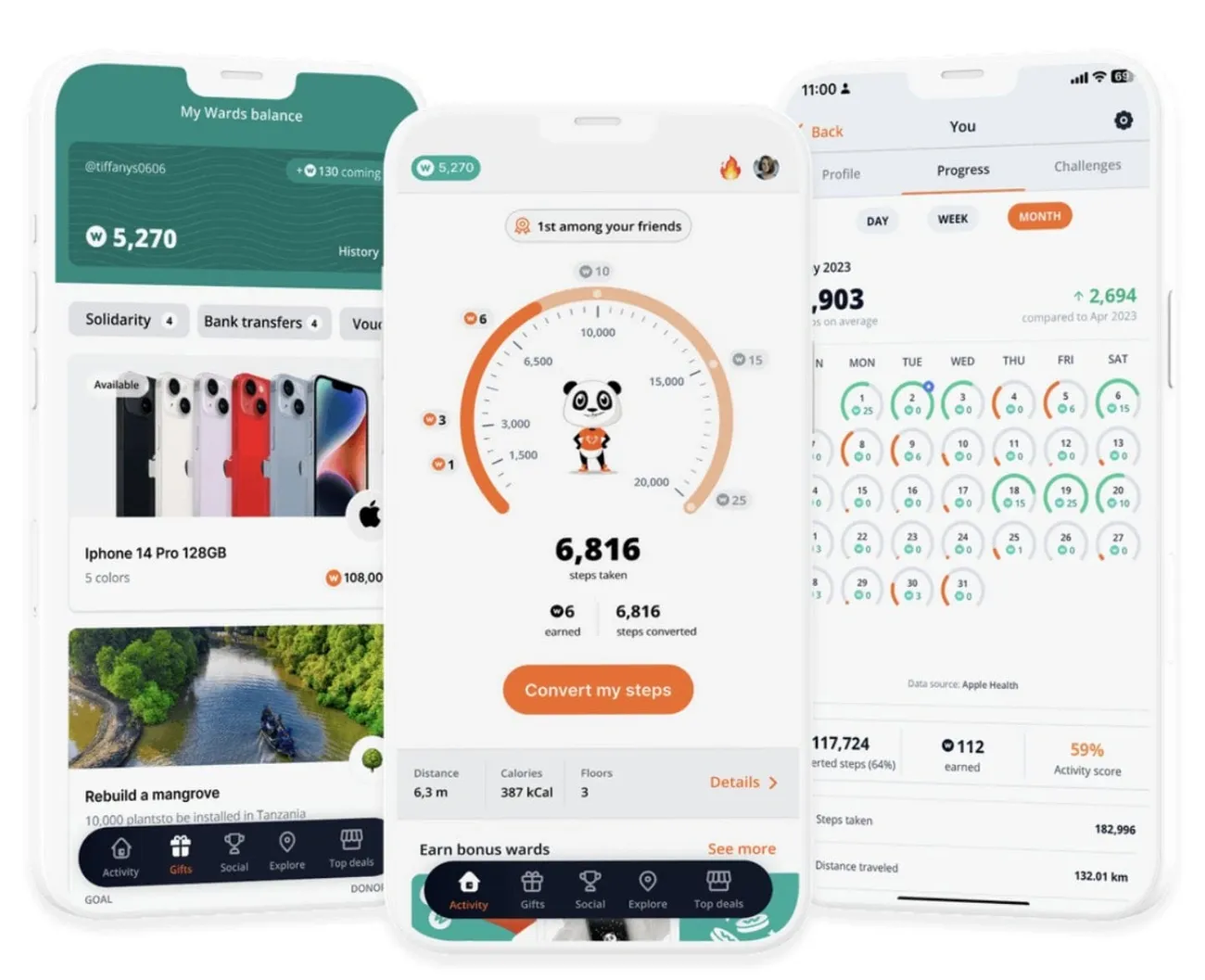 Three smartphone screens showing the WeWard app interface tracking steps, rewards, and progress for walking activities.
