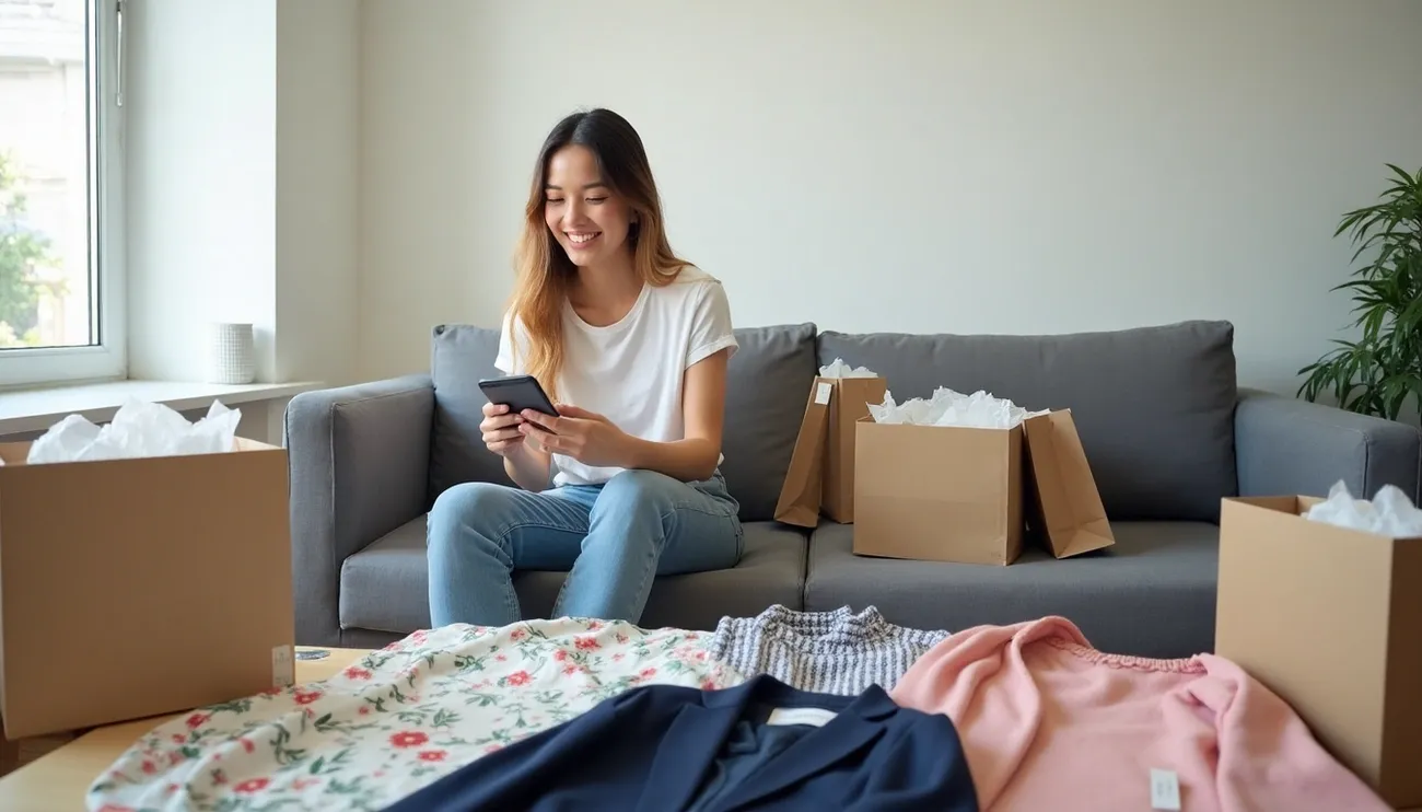 Woman sitting on a couch surrounded by shopping bags and clothes, using a smartphone to review purchases.