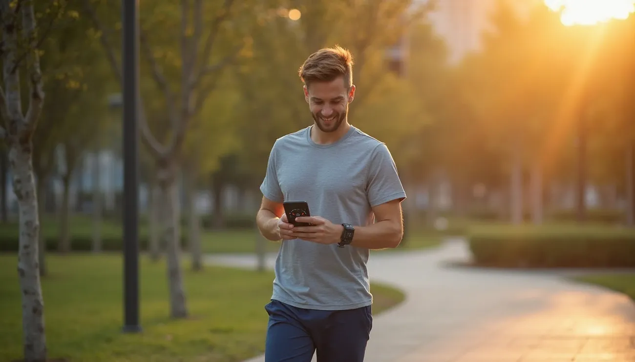 Man in a gray t-shirt walking in a park during sunset while using a smartphone and wearing a fitness watch.