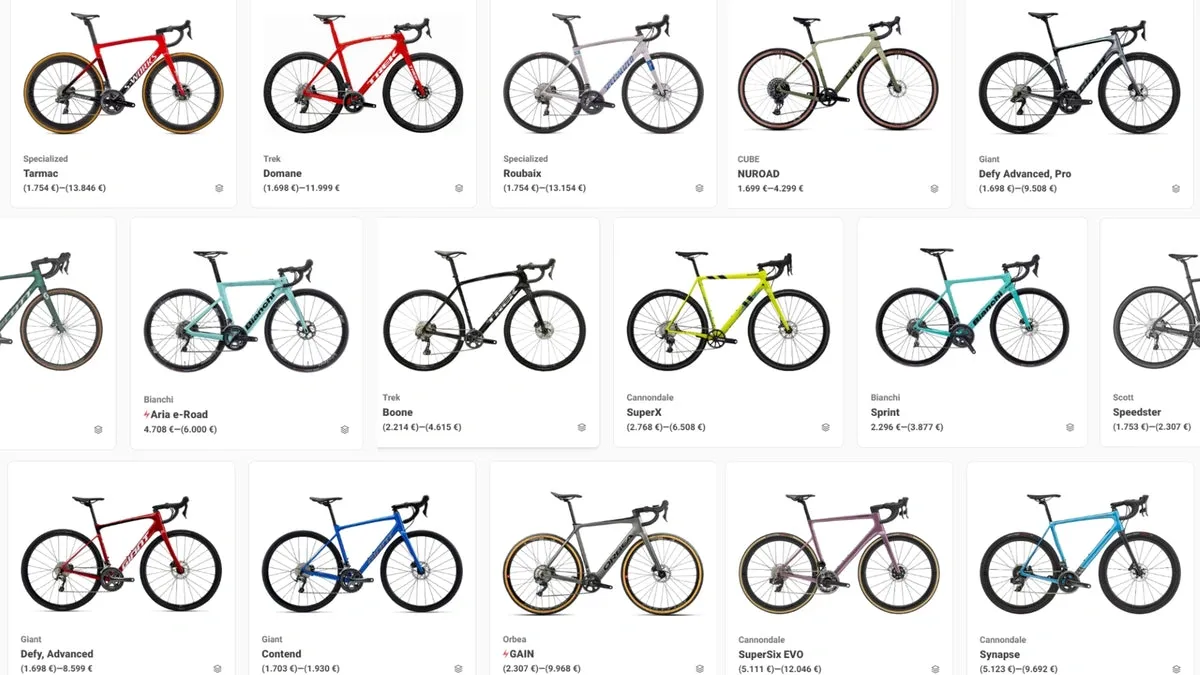 Comparison of various used road bikes from brands like Specialized, Trek, Bianchi, and Cannondale with prices in euros.