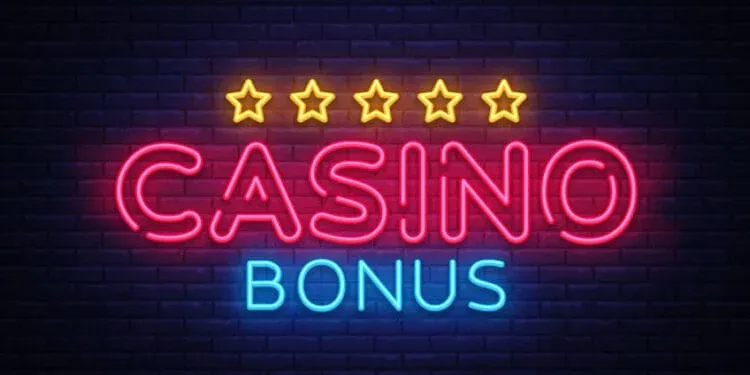 Casino Bonus Neon Text Vector. Bonus neon sign, design template, modern trend design, casino neon signboard, night bright advertising, light banner, light art. Vector illustration.