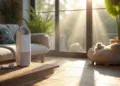 Modern air purifier placed on a wooden table in a sunlit living room with a dog resting in a bed nearby.