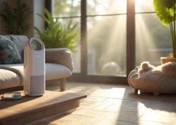 Modern air purifier placed on a wooden table in a sunlit living room with a dog resting in a bed nearby.