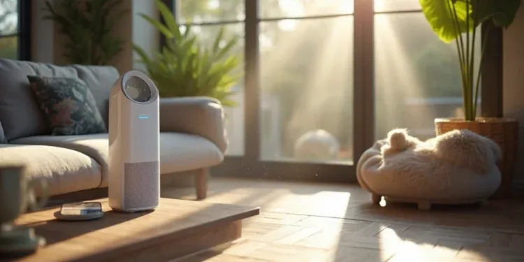 Modern air purifier placed on a wooden table in a sunlit living room with a dog resting in a bed nearby.