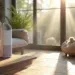 Modern air purifier placed on a wooden table in a sunlit living room with a dog resting in a bed nearby.