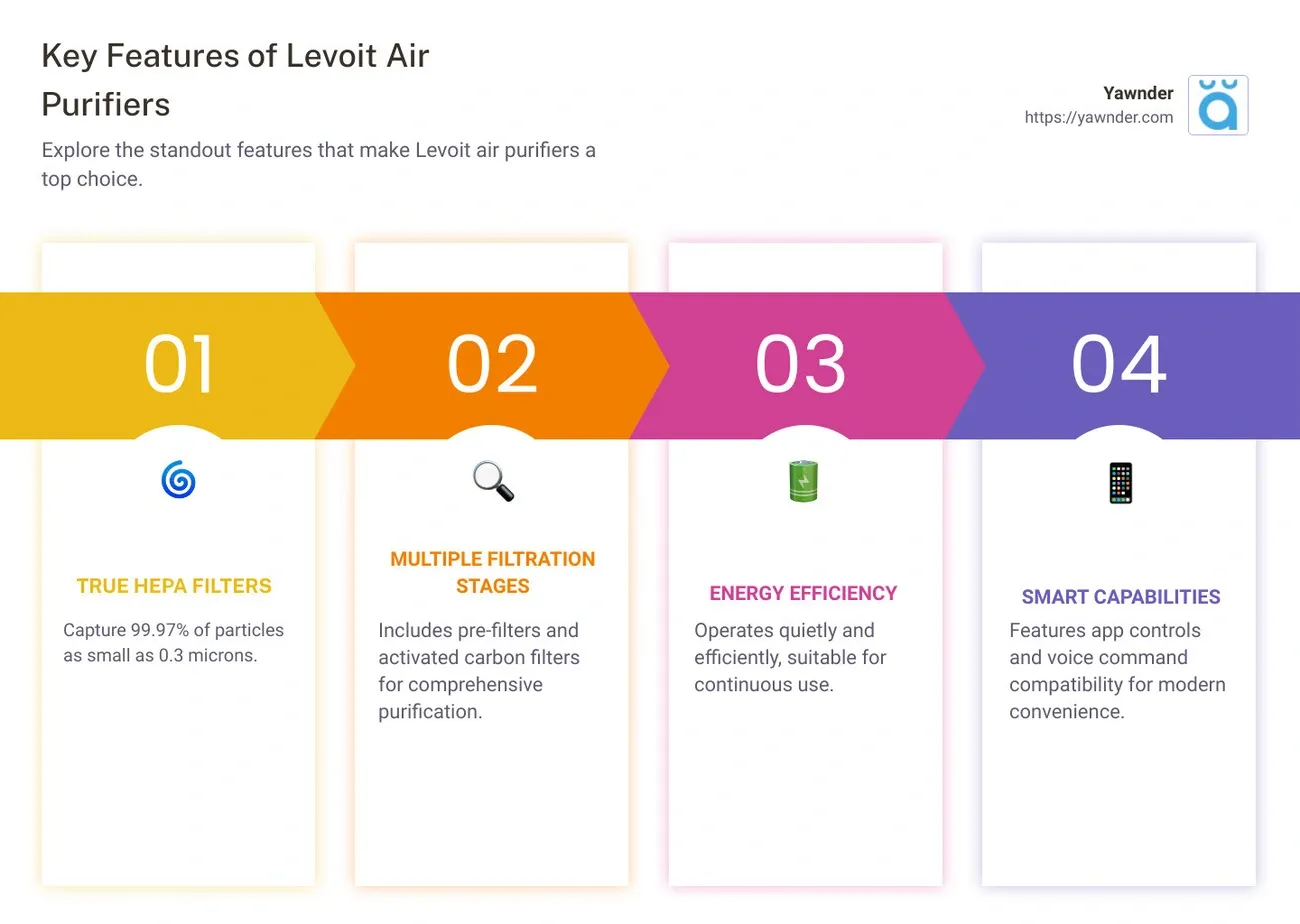 Comparison chart highlighting Levoit air purifier features: True HEPA filters, multiple filtration, energy efficiency, and smart capabilities.
