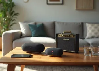 Modern living room with two black Meilleure Enceinte Bluetooth, a Marshall amplifier, smartphone, and glasses on a wooden coffee table