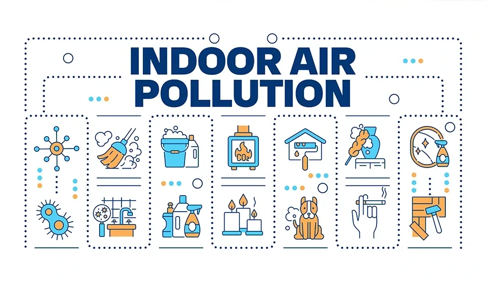 Illustration showing various sources of indoor air pollution including dust, cleaning products, CO2, pets, smoke, and mold.