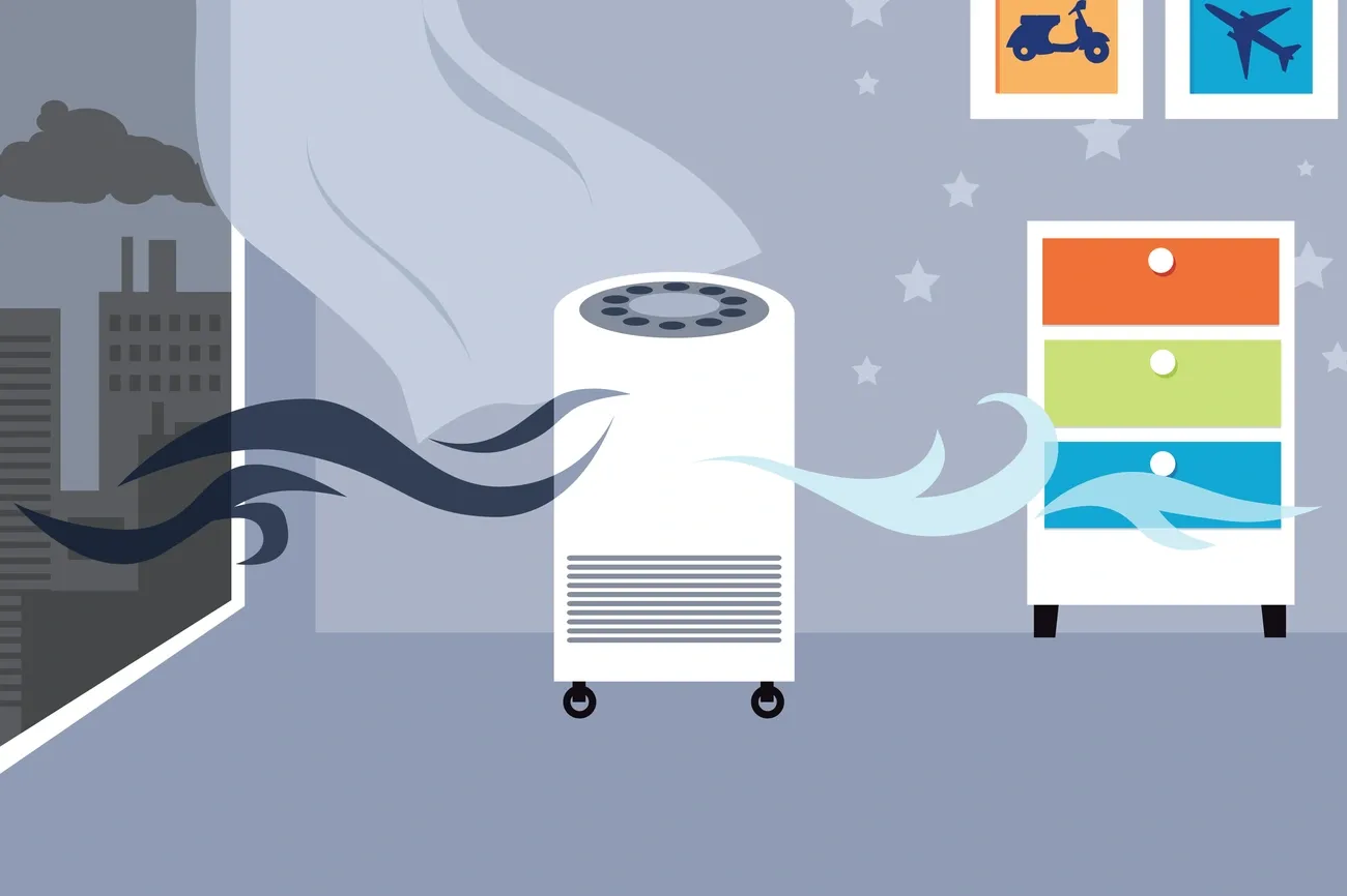 Air purifier in a room filtering polluted outdoor air into clean indoor air for better home air quality.