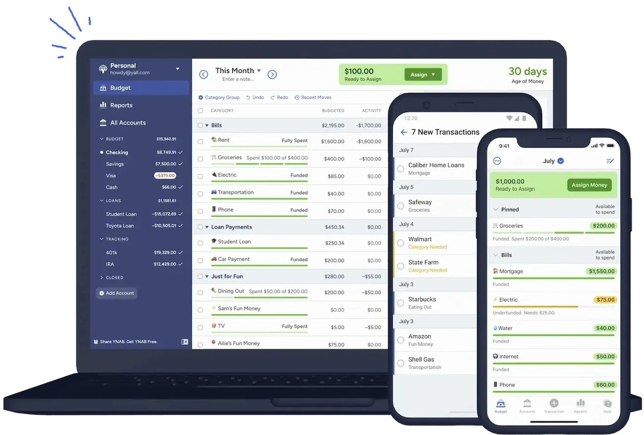YNAB budgeting app displayed on laptop and smartphones showing budget categories, transactions, and assigned funds for 2025 review.