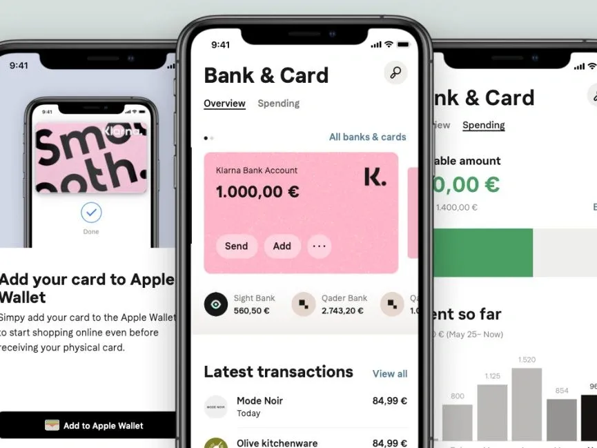 Smartphone screens showing Klarna's banking app interface with account balances, transactions, and Apple Wallet integration.
