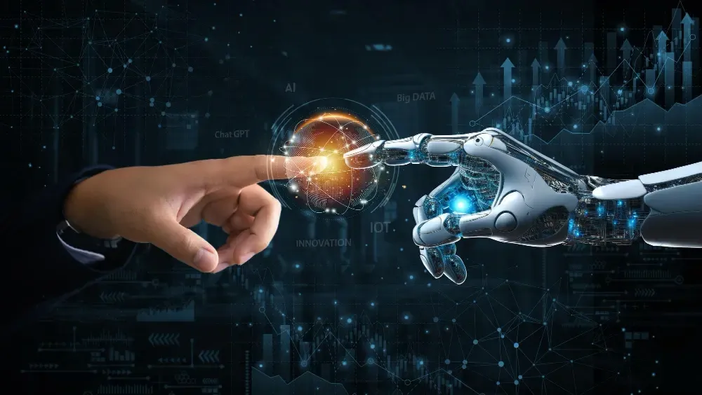 Human hand and robotic hand nearly touching with digital AI and technology icons in the background representing 2025 tech trends.