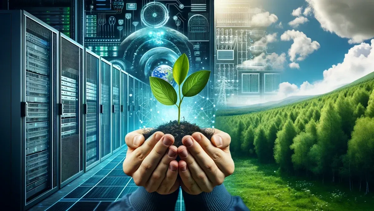Hands holding a small plant symbolizing sustainable IT amidst data servers and a green forest background.