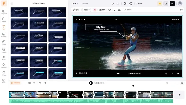 Screenshot of a sports highlight video editor showing callout titles and a wakeboarder named Lily Baz on the water.