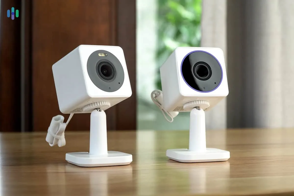 Two modern white home security cameras with square designs displayed on a wooden surface indoors.