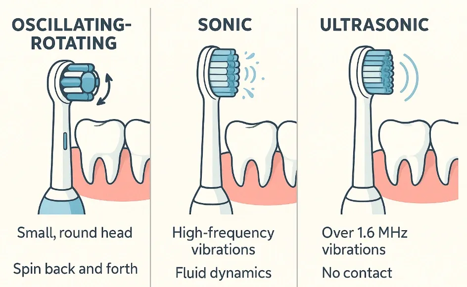 Comparison of oscillating-rotating, sonic, and ultrasonic toothbrushes with their head types and vibration features.