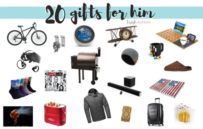 Collage of 20 diverse gift ideas for men including gadgets, apparel, and accessories by Trish Sutton.