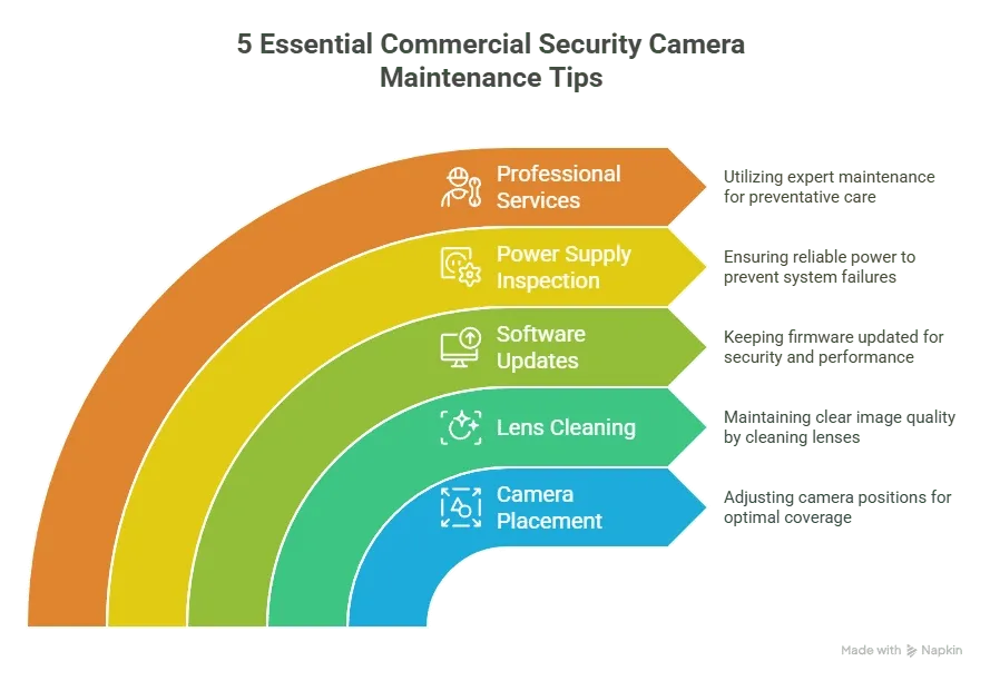 Infographic showing five essential commercial security camera maintenance tips including professional services and camera placement.