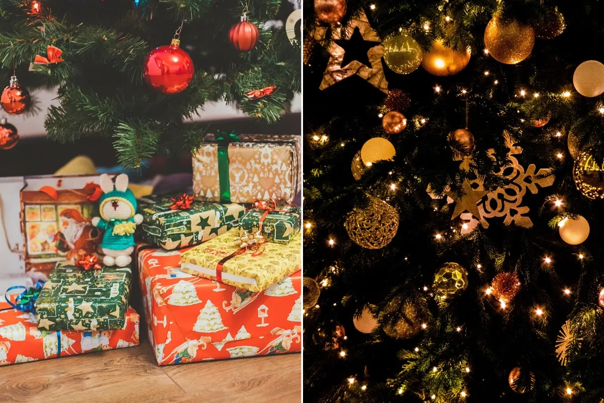 Christmas tree decorated with golden ornaments and gifts wrapped in festive paper underneath it on a wooden floor.