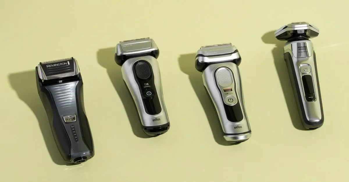 Four top electric razors of 2025 from Remington, Braun, and Philips displayed on a light green surface.