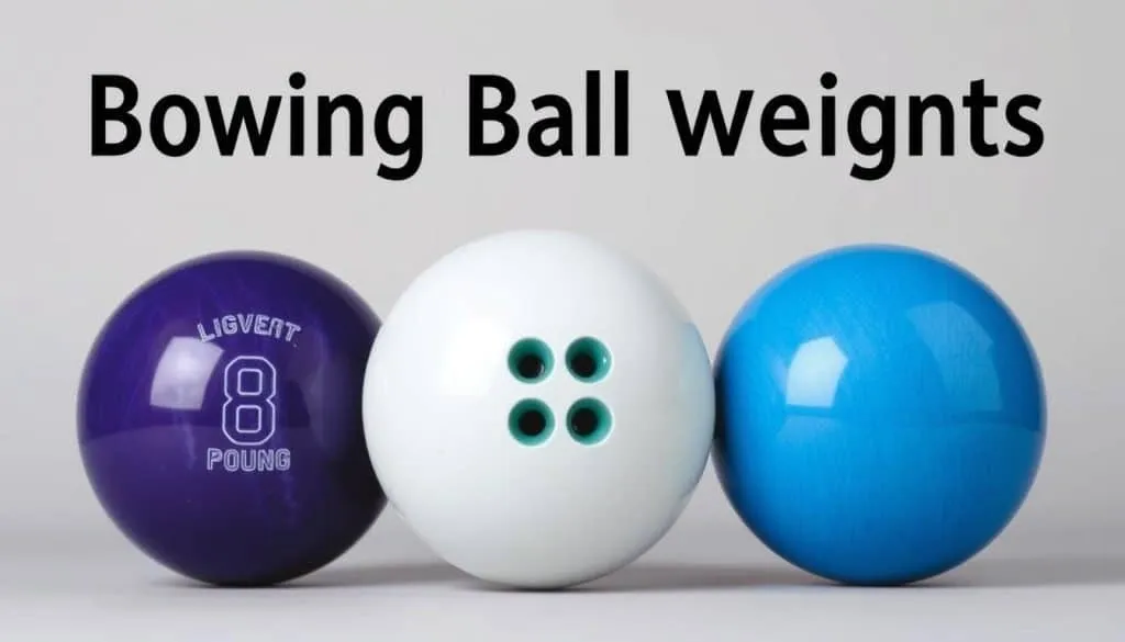 Three bowling balls in purple, white, and blue under the title 'Bowing Ball weights' with the purple ball labeled 8 pounds.