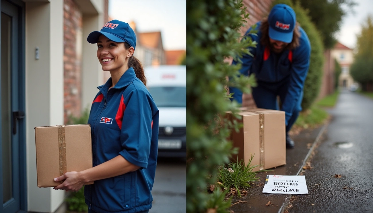 DPD delivery worker in uniform holding and placing a cardboard package outside a home on a wet street.