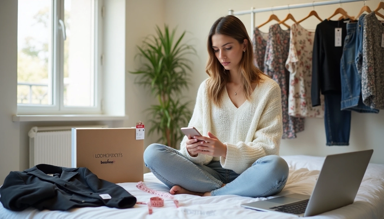 Woman sitting on bed with Boohoo package, clothes, measuring tape, and laptop, using phone for online shopping.
