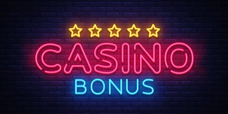 Casino Bonus Neon Text Vector. Bonus neon sign, design template, modern trend design, casino neon signboard, night bright advertising, light banner, light art. Vector illustration.