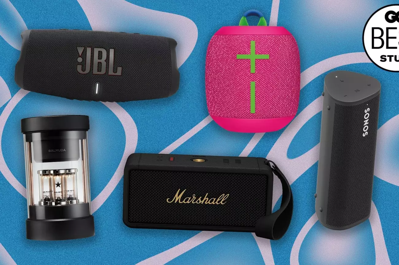 Six diverse Bluetooth speakers from brands like JBL, Marshall, Sonos, and Ultimate Ears displayed on a blue background.