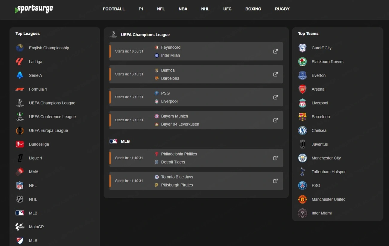 Screenshot of Sportsurge website showing upcoming UEFA Champions League and MLB matches with top leagues and teams listed.