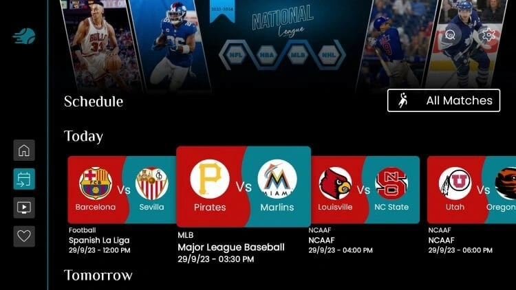 Sports streaming app interface showing schedules for Spanish La Liga football, MLB baseball, and NCAA football games on Firestick and Android TV.