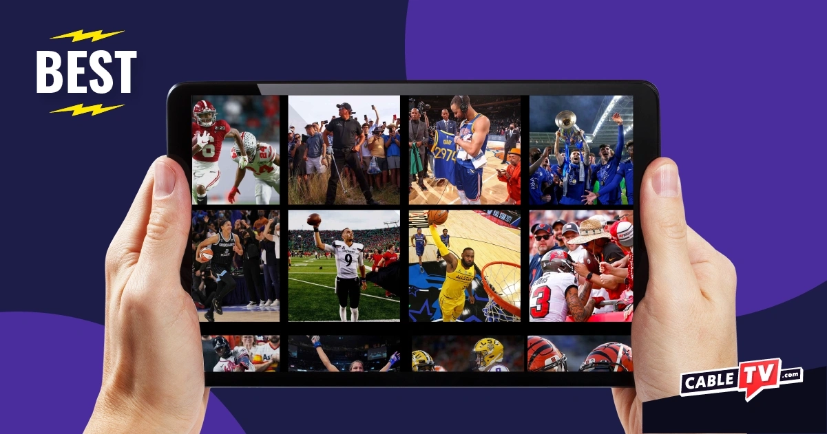 Hands holding a tablet displaying various live sports scenes with the text 'Best' and CableTV.com logo.